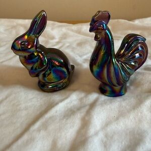 Fenton Iridescent Rabbit and Rooster Figurines